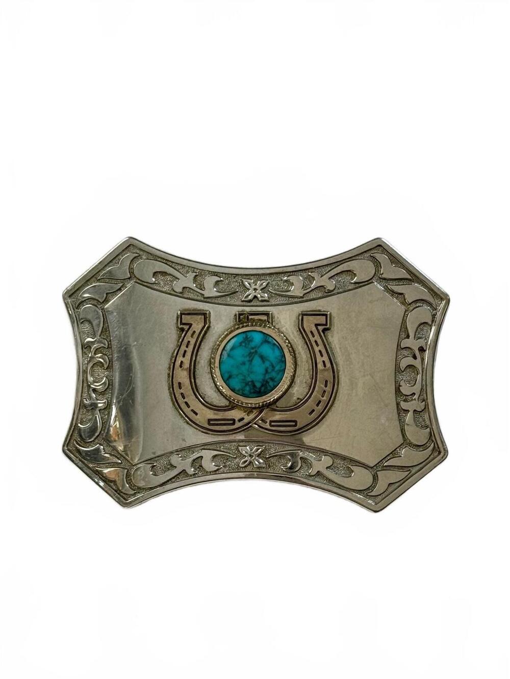 Western Belt Buckle Silvertone Turquoise Stone Southwestern Cowboy Cowgirl